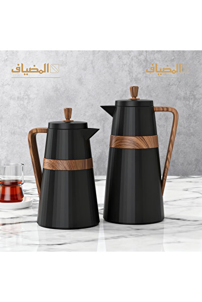 ALMEDYAF طقم ترمس فاخر من قطعتين بتصميم خشبي أسود (1 لتر و0.7 لتر) | بطانة زج...