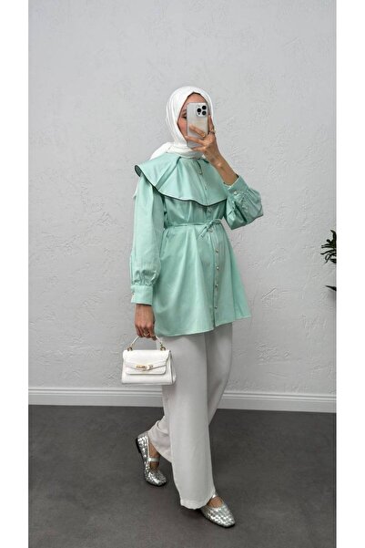 Burcia Lace-Up Waist Detail Hijab Tunic Shirt with Collar Detail