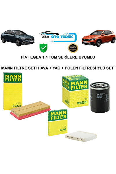 MANN FİAT EGEA 1.4 TÜM SERİLERE UYUMLU FİLTRE SETİ HAVA + YAĞ + POLEN FİLTRES...