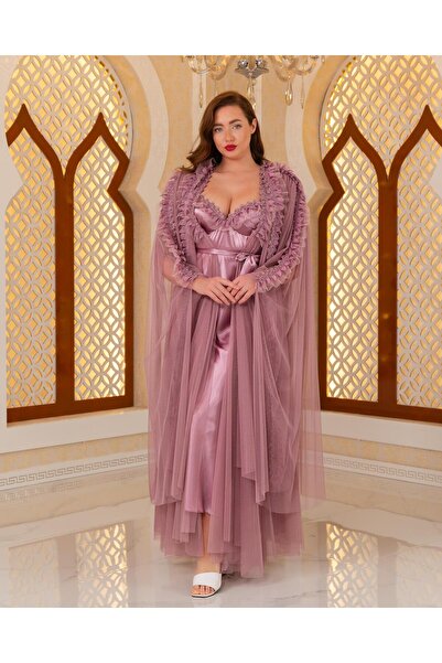 Limas lingerie Special Design Tulle, 2-Piece Long Dressing Gown with Lace Det...