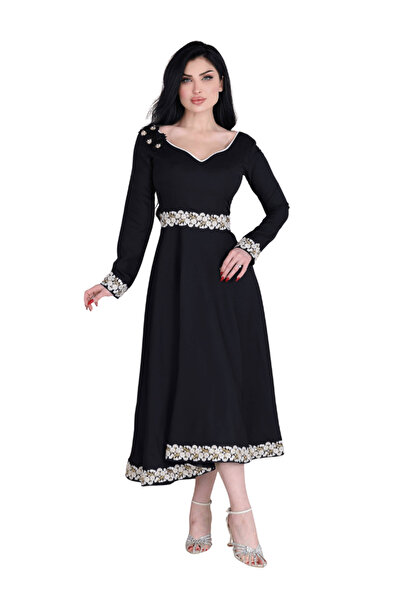 Nice Model Elegant Black Midi Dress with Embroidered Floral Details Long Slee...