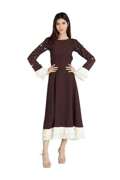 Nice Model Women's Brown Midi Dress with Pearl Embroidered Sleeves and Pleate...