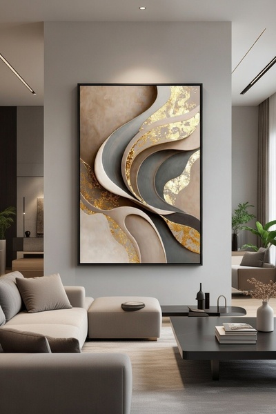 hollywest Lüks Altın & Bej Kıvrımlı Form Duvar Sanatı | Modern Çerçeveli Tablo
