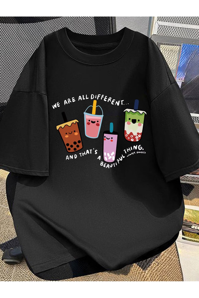 Flow touch تيشيرت أسود بأكمام قصيرة وياقة دائرية مطبوع عليه DRINK من القطن ال...