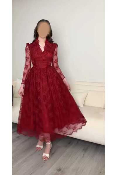 HIYOMI FASHIN burgundy lace evening dress