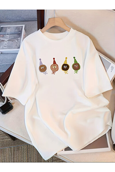 Flow touch تيشيرت أبيض مطبوع بقصة واسعة للجنسين