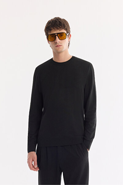 Avva Men's Black Crew Neck Pullover with Knitted Sleeves Polielite Sweater A6...