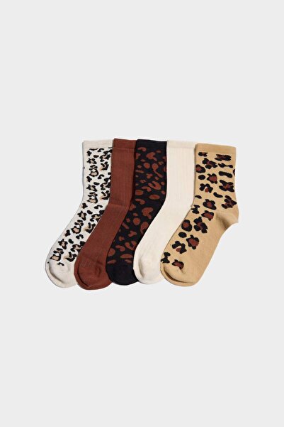 DeFacto Women's Leopard Patterned 5-Piece Cotton Long Socks G7451Axns