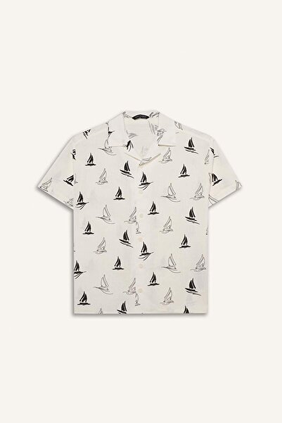 DeFacto Oversize Wide Fit Polo Collar Tropical Patterned Printed Fabric Short...