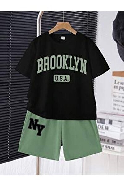 Kids Set de vară pentru băieți, cu imprimeu Broklyn, bluză verde și pantaloni...