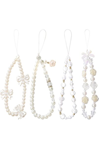 Generic ALMEKAQUZ 4 Pcs Phone Charm, Beaded Phone Bracelet Strap, White Pearl...