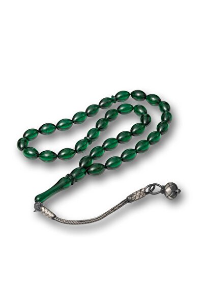 Inure Jewelry سبحة كهرمان كازاز فضية خضراء بشرابة ملتوية