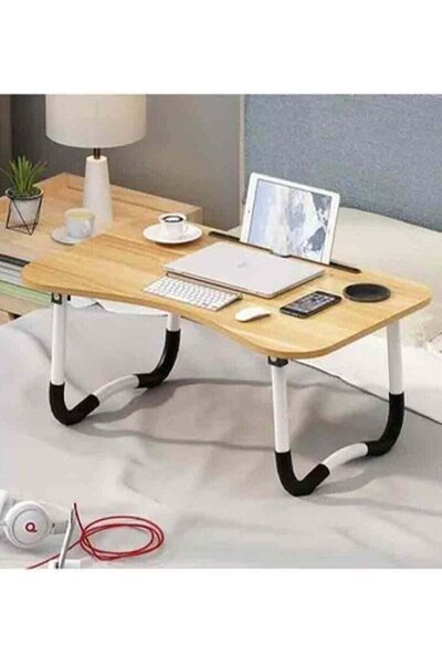 Generic طاولة كمبيوتر محمول قابلة للطي باللون البيج مع حامل أكواب وحامل آيباد...