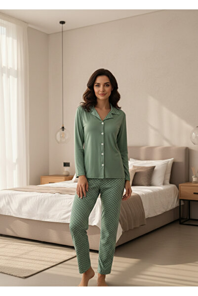 MELİBRA Double-Breasted Collar Polka Dot Women's Long Sleeve Pajama Set