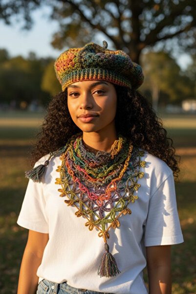 satürn hobi örgü tasarım Knitted Bohemian Color-Shifted, Sparkling Fingerless Gloves & Neck Warmer & Painter's Beret Set