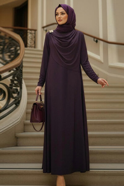 N.S NEVA STYLE فستان تشيتكور بتفاصيل بروش ولون البرقوق 2455MU