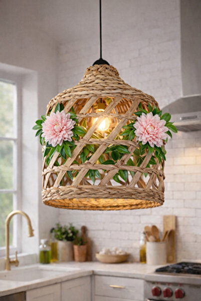 Marrone Pembe Yıldız Çiçekli Hasır Avize Şık modern Dekor Balkon Teras Bahçe ...