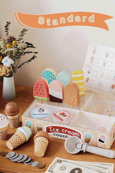 Generic Wooden ice cream play set with play kitchen accessories including a s...