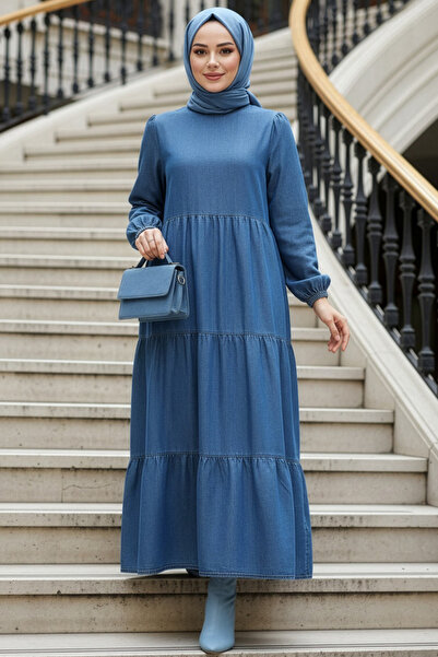 N.S NEVA STYLE Kat Pliseli Koyu Mavi Tesettür Kot Elbise 19164KM