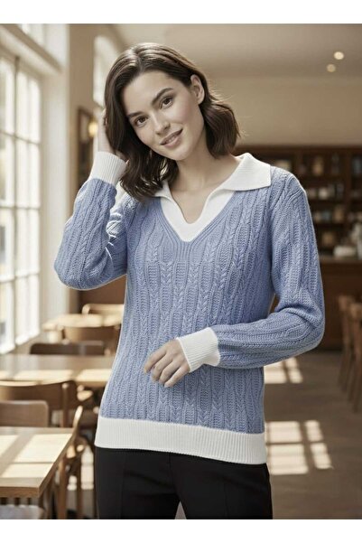 citystyle Women's Knitwear Baby Blue Sweater Long Sleeve V-Neck Hair Braided ...