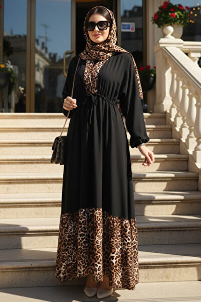 N.S NEVA STYLE Leopar Desenli Siyah Tesettür Elbise 21352S