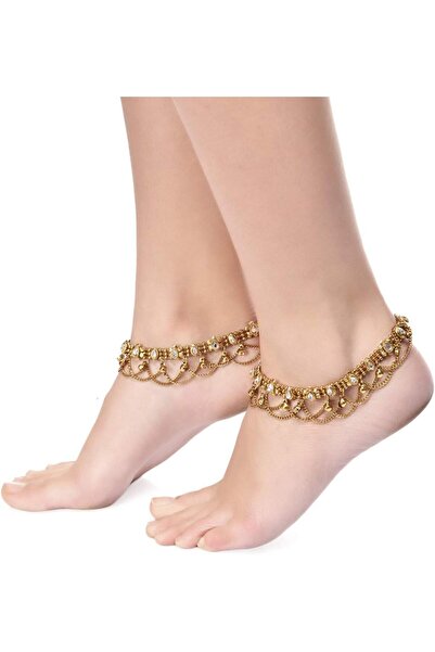 Generic Non Precious Metal Gold Antique Kundan Payal Anklet For Women 6807A
