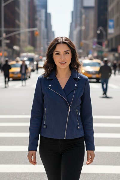 Mossta Suede Textured Blazer Jacket with Side Pockets - Navy Blue