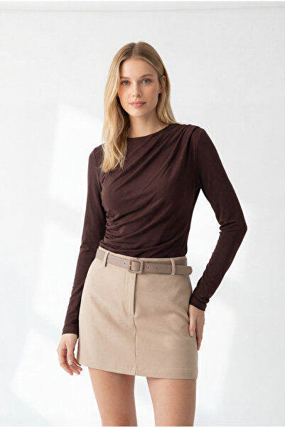 Seeh Brown Drape Detailed Long Sleeve Women's Blouse Sh358