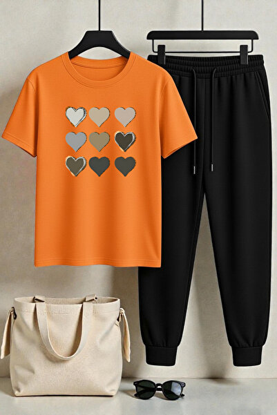 uyguntarz Unisex Kalp Baskılı Tasarım Tişört - 2'li Eşofman Takımı