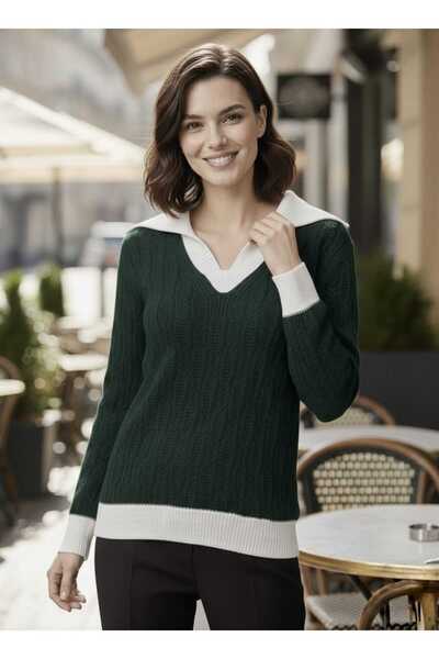 citystyle Women's Knitwear Green Sweater Long Sleeve V-Neck Hair Braided Coll...