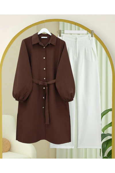Modamorfo Long Muslin Tunic with Elastic Sleeves and Tie Waist - Brown