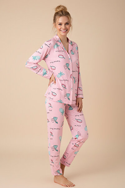 Pijamax Women's Tropical Pattern Front Buttoned Long Sleeve Knitted Pajama Set