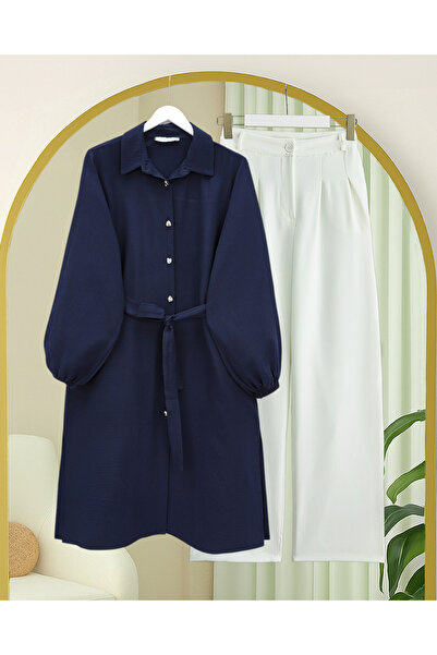 Modamorfo Long Muslin Tunic with Elastic Sleeves and Tie Waist - Navy