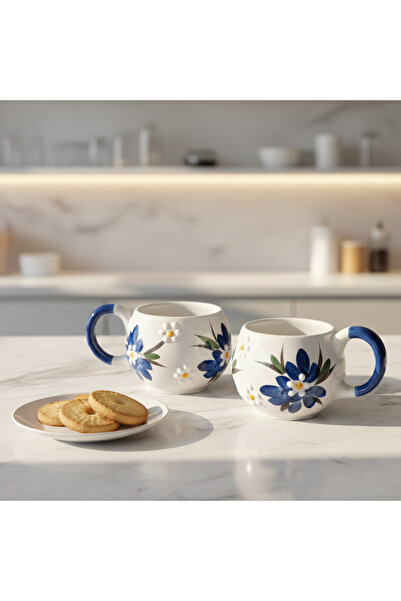 RGS HOMELİFE Set of 2 Handmade Ceramic Coffee and Tea Cups Navy Blue Tulip Ec...