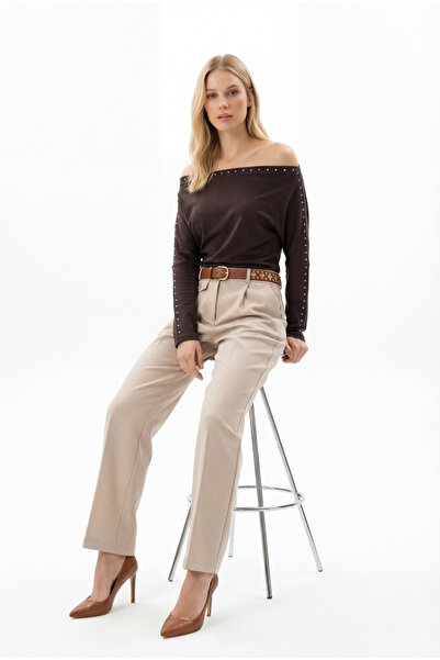 Seeh Brown Stone Detailed Long Sleeve Blouse Sh359