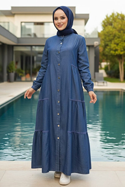 Hb Harma Time Butik فستان جينز للنساء، باللون الأزرق الداكن، بأزرار وتفاصيل دانتيل