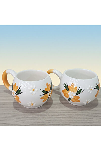 RGS HOMELİFE Set of 2 Handmade Ceramic Coffee and Tea Cups Orange Tulip Ece Mug