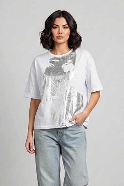 vynor atelier Women's Oversize Metallic Abstract Printed 100% Cotton T-Shirt ...