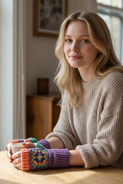 satürn hobi örgü tasarım Knitted Motif Bohemian Fingerless Gloves