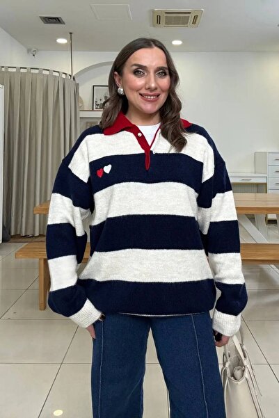 Mzr Collection Women's Double Heart Detail Striped Sweater