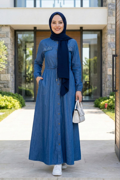 Hb Harma Time Butik فستان جينز أزرق داكن للنساء، مزين بالأحجار، بأزرار