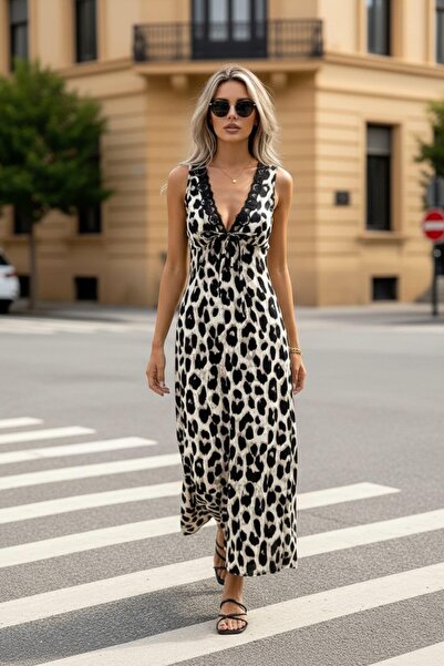 Mossta Deep V-Neck Lace-Up Long Single Jersey Dress - Leopard