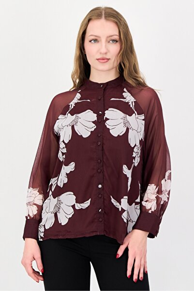 London Fog Women Band Collar Long Sleeve Floral Print Blouse, Maroon