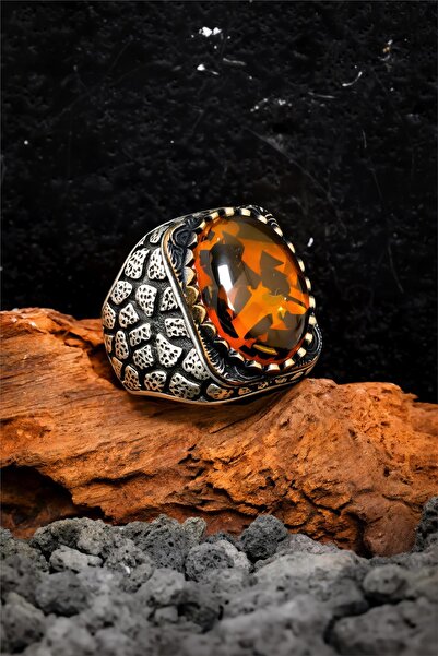 Silverplus Sıkma Kehribar Taşlı Karartmalı Gümüş Erkek Yüzük