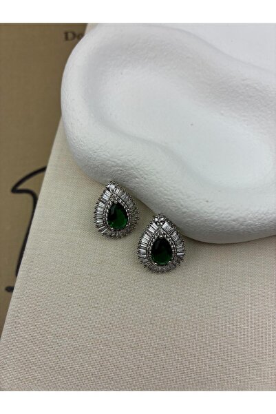 Hedef Bijuteri Silver Color Drop Model Green Zircon Stone Earrings