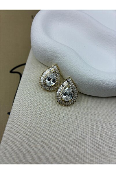 Hedef Bijuteri Gold Color Drop Model Silver Zircon Stone Earrings