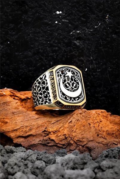 Silverplus Telkari İşlemeli 925 Ayar Ayyıldız Gümüş Erkek Yüzük