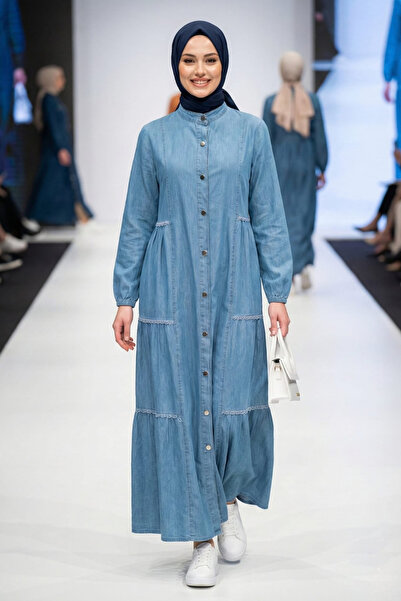 Hb Harma Time Butik Women's Buttoned Lace Detailed Light Blue Denim Dress