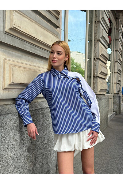 Cool & Sexy Women's Black Striped Sleeve Asymmetric Button Detailed Shirt