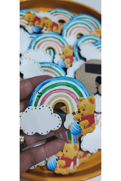 Butenin Atölyesi Ahşap magnet, 10 adet bebek hediyeliği, ayıcıklı gökkuşağı m...